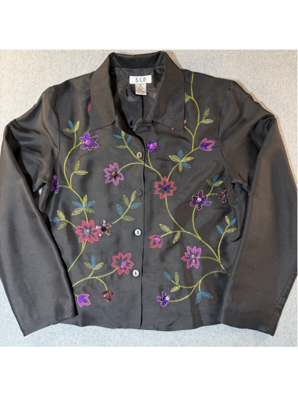 Vintage Silk Embroidered Sequin Floral Jacket Womens 8 Black Statement Evening